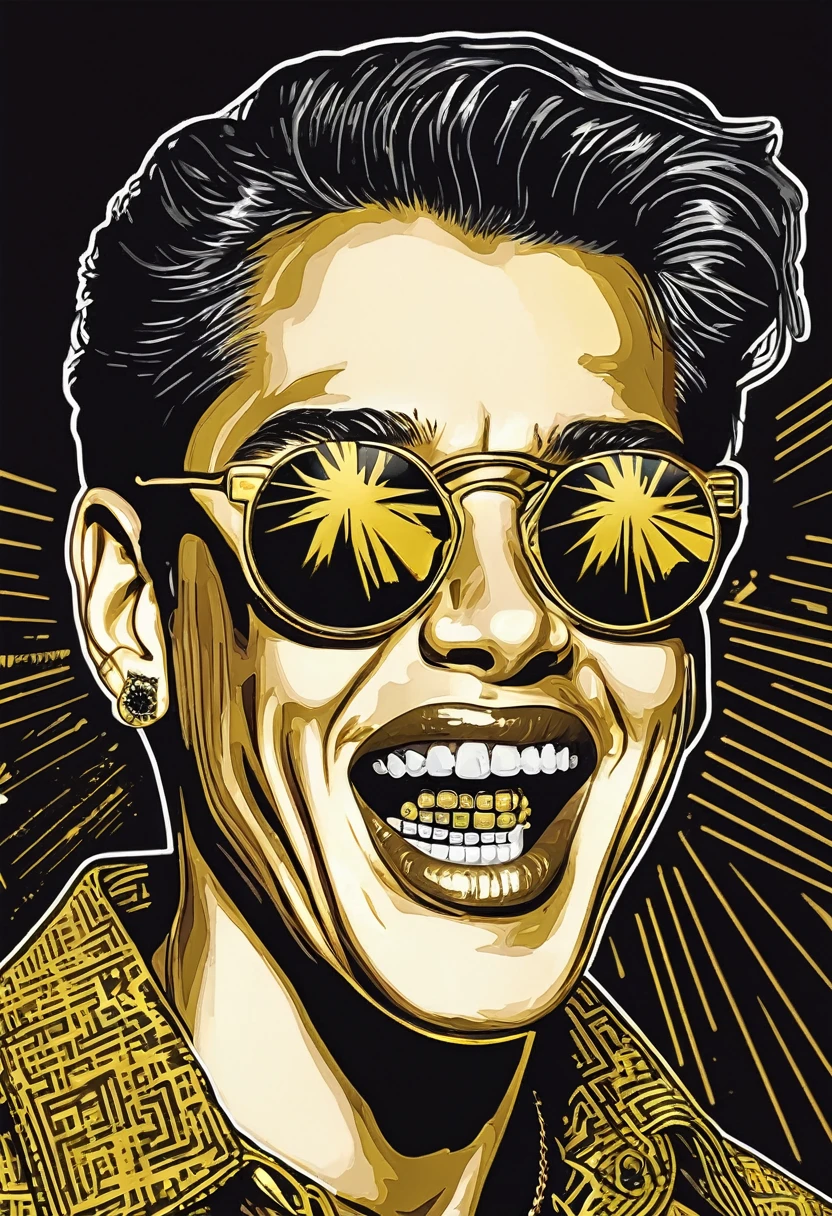 low quality、Pop Art、（One coin）、Mouth only、Teeth are visible、gold、Logo、central、big、Background is white