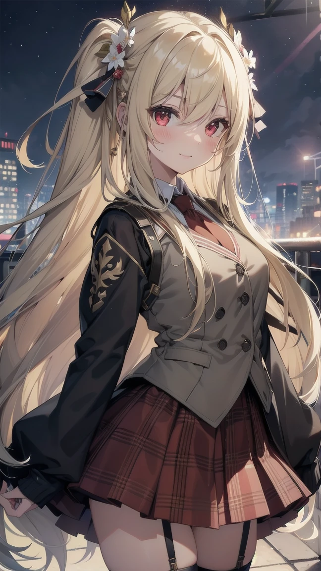 (masterpiece:1.6, Highest quality), (Beautiful, detailed eyes: 1.2), Fiami, Yami-ish, girl, Long Hair, , hair ornaments, Hair between the eyes, Both sides up, Blonde, very Long Hair, Red eyes, Thigh straps, Sweater vest, Plaid, socks, Both sides up, hair ornaments, Knee-high , Fiami, girls wearing buruma and , hair ornaments, Hair between the eyes, Both sides up, Blonde, Long Hair, very Long Hair, Red eyes, (hair ornaments), Small breasts,Very big eyes, Aesthetic Anime Eyes, Small face, 8k, masterpiece, Highest quality,Very detailed, Very delicate and beautiful, Beautiful attention to detail, Beautiful sparkle, High key lighting, View your viewers, blush, (Schoolyard), (null), Cowboy Shot, From behind,Background: Stars and shooting stars shining in the night sky Character: futuristic costume, smile Effects: Landscape with dancing petals, light effects Background elements: blurred city silhouette and grassland in the distance,Couple gently stroking the head