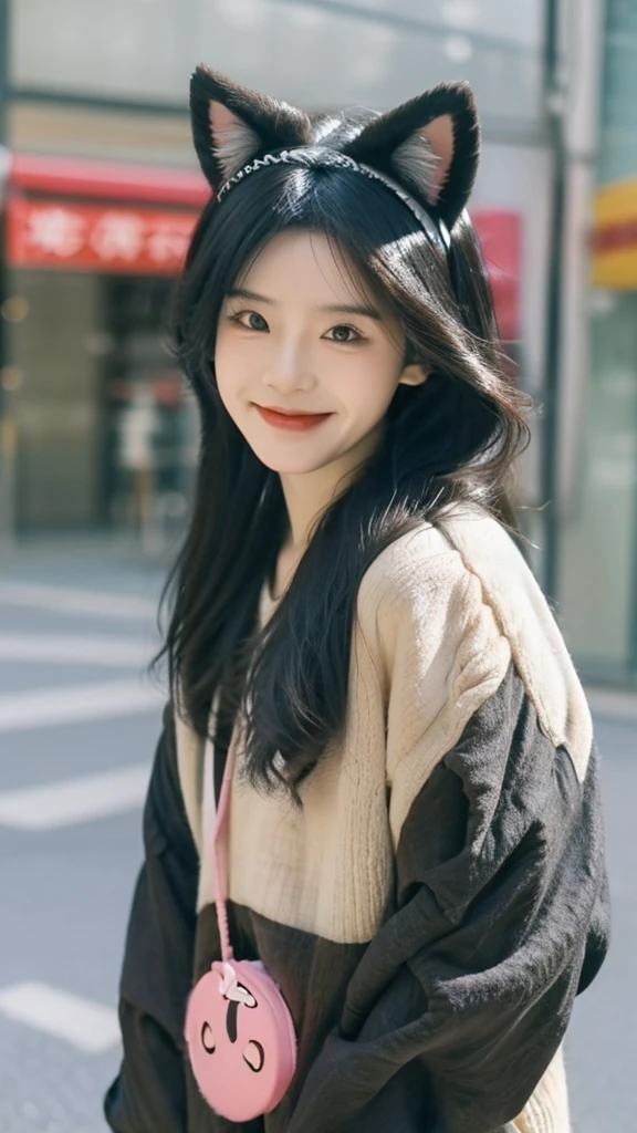 black hair, hair bobbles, wince, longeyelashes, solid circle eyes, fake animal ears, light smile, ear blush, fang, ccurate, Surrealism, drop shadow, anaglyph, stereogram, tachi-e, pov, atmospheric perspective, 8k, super detail, best quality, UHD, full body shot, best quality