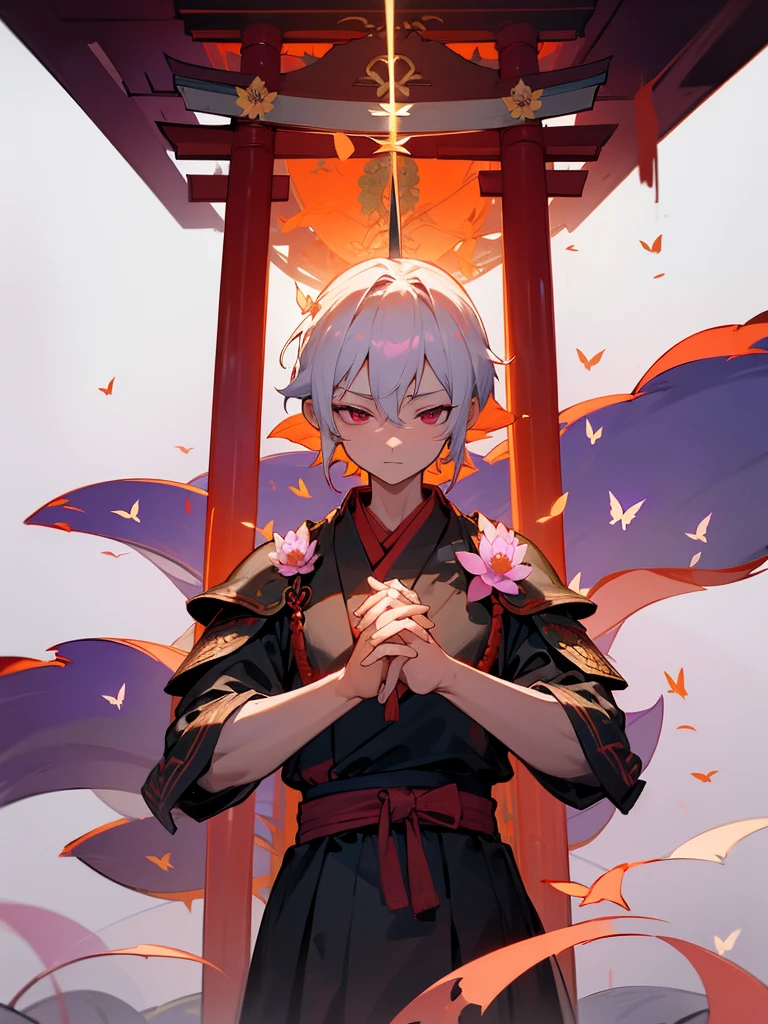 Kannon Bodhisattva,Burning Eyes, Gensokyo, white short hair, black armor, torii, man, Purple-red butterfly々, hands together in prayer, Zen meditation guardian dog Japanese sword Lotus flower field Paradise 機械