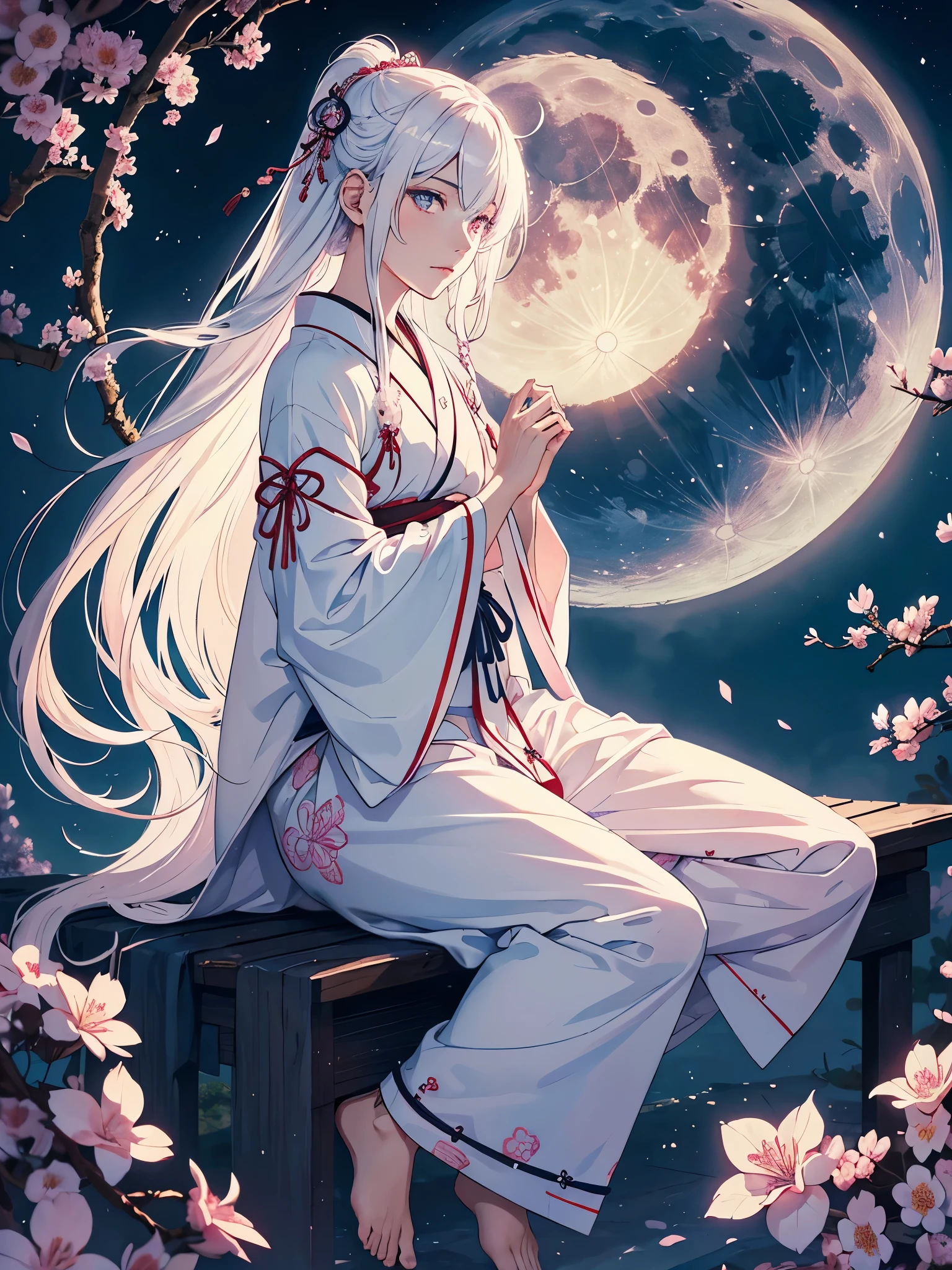 Männlich. Blaues Licht. Mann. Männlich. Boy. Tsukiyomi. japanese clothes. God of the Moon. long white hair. traditional clothing. divine. full moon. Pink flowers. at night.