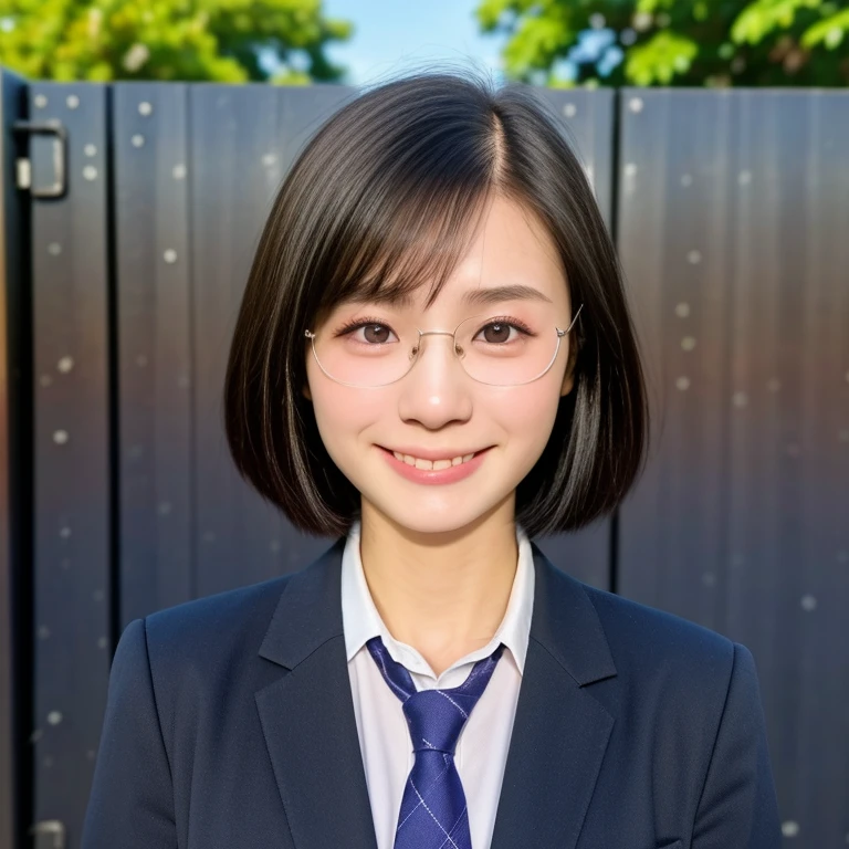 (kawaii 18 year-old Japanese girl, Nogizaka idol, Korean idol, highschool student), healthy female athlete body, (glossy black hair, very short hair, pixie cut, forehead:1.2), beautiful black eyes, rounded face, single eyelid, (no makeup:1.2), (big laughing), (recruit suit jacket, collared shirt, necktie, plaid skirt, glasses), extra small breasts, BREAK, (school entrance gate background, summer, sunny daytime:1.2), (dynamic angle, bust shot:1.2), BREAK, (masterpiece, best quality, photo realistic, official art:1.4), (UHD, 8K quality wallpaper, high resolution, raw photo, golden ratio:1.3), (shiny skin), professional lighting, physically based rendering, award winning, (highly detailed skin texture, extremely detailed face and eyes textures), Carl Zeiss 300 mm F/2.8, depth of field, (1girl, solo),