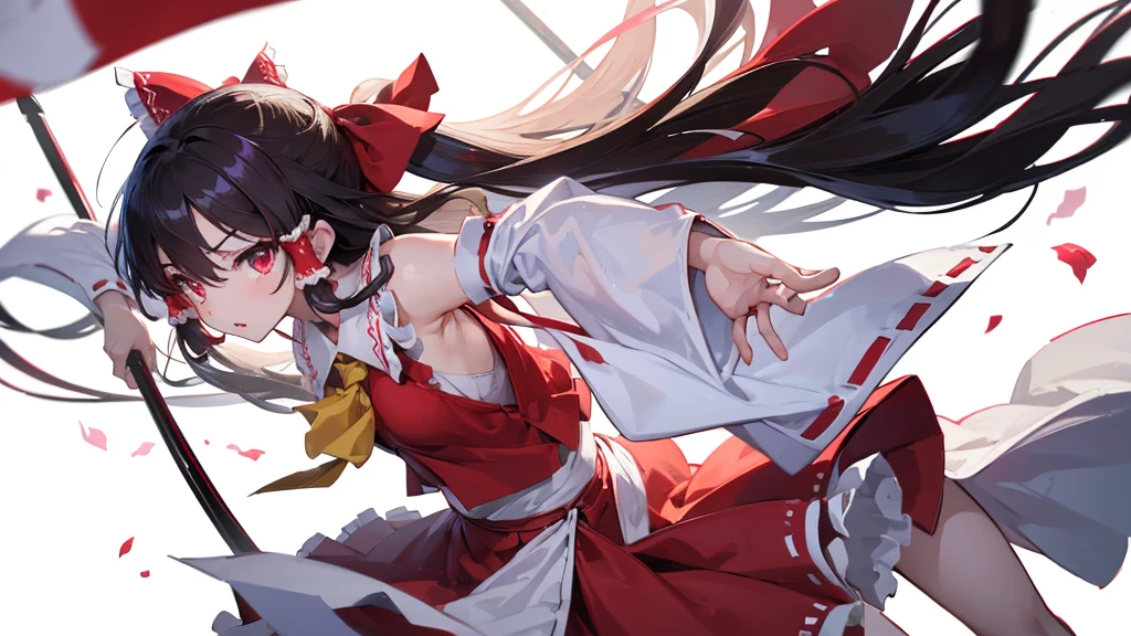 masterpiece, best quality,1girl, red bow, bow, long hair, hair bow, ainu clothes, solo, hairband, black hair, fingerless gloves, short sleeves, gloves, sash, pants, bangs, red hairband, weapon, breasts, brown eyes, white pants, japanese clothes, nakoruru, light smile, officials art, good composition,m, detailed portrait, portrait, bokeh, forest with river, sun behind back, pencil style, traditional brush, samurai, onmyoji style, high resolution, dramatic lighting and shadow, sun flared, blurry foreground, blood plashing around, looking at viewer, hands behind back, hands not in view, face shading, strong lighting, dim light, nostalgia look, dramatic hair, coat