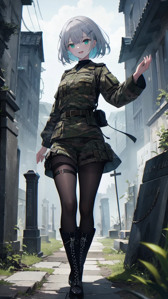 (8K, best quality, master piece: 1.3),super high resolution,1 girl, solo, full body ,ultra-detailed face, silme, (silver gray hair), thin hair clip, cyan colorshift eyes, expressive eyes, Ecstatic expression, Military style, nylon, cotton, camouflage, khaki, boots, belt, Mysterious graveyard, black, gray, green, dark and eerie