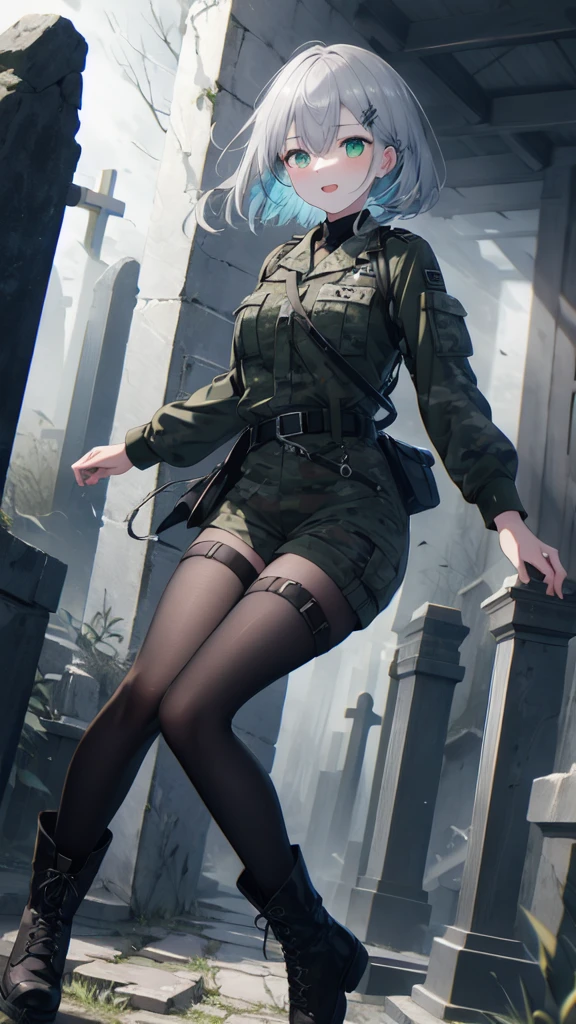 (8K, best quality, master piece: 1.3),super high resolution,1 girl, solo, full body ,ultra-detailed face, silme, (silver gray hair), thin hair clip, cyan colorshift eyes, expressive eyes, Ecstatic expression, Military style, nylon, cotton, camouflage, khaki, boots, belt, Mysterious graveyard, black, gray, green, dark and eerie