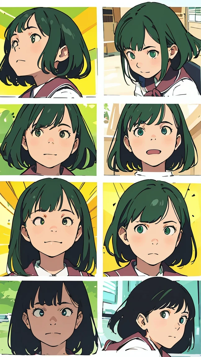 ((Facial expression pattern, worried face, angry face, smiling face)), green eyes, (green hair), ((wavy hair)), uniform, one girl, one person, very beautiful, best quality, great quality, curated, shapes, very detailed, anime coloring, very detailed, official art, warm tones, sun flare, soft shadows, vibrant colors, very detailed, official art, ((hairstyle with bangs)), facial expression pattern, smiling face,