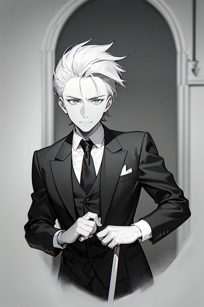 Content: A 3/4 shot of a front-facing man in a butler suit and tie, wearing formal attire. He has white hair, grey eyes, a confident smirk, and a mature face. He is holding a cane in his left hand.
Medium: Digital art, anime illustration.
Style: Visual novel sprite, official character art, emphasizing elegance and poise.
Lighting: Balanced lighting that highlights the character’s facial features and the details of the butler suit, with subtle shadows to add depth.
Colours: A classic palette with a focus on black, white, and grey. The background is in greyscale to keep the emphasis on the character.
Composition: A 3/4 shot capturing the upper body of the character, with the cane held prominently in the left hand. The background is kept minimalistic and greyscale, focusing on the character’s formal and confident appearance.