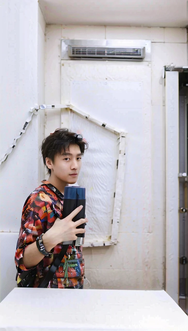 best quality, ultra high res, (photorealistic:1.4), masterpiece, Kodak portra 400, film grain, blurry background , bubble tea shop, solo,1 boys,Young man ,white skin, double eyelids,Crew cut,white t-shirt, posing, looking at viewer ,face focus,