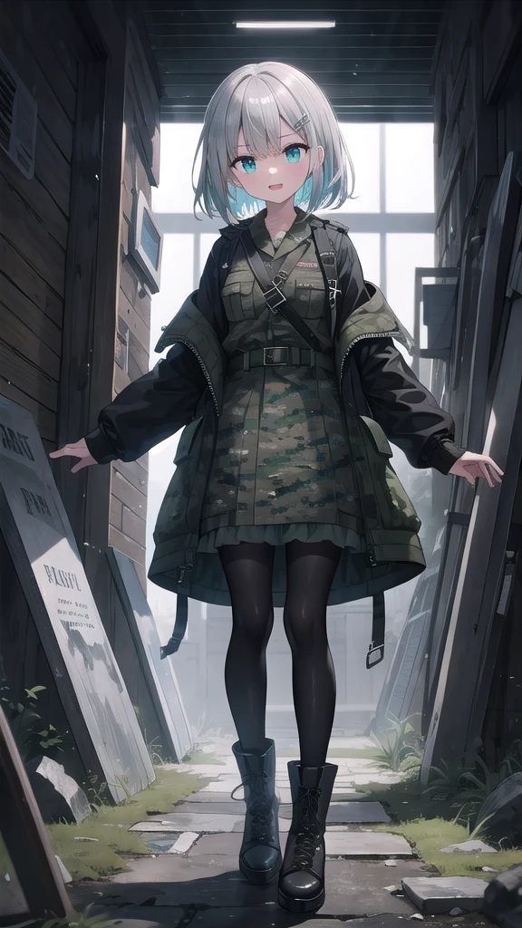 (8K, best quality, master piece: 1.3),super high resolution,1 girl, solo, full body ,ultra-detailed face, silme, (silver gray hair), thin hair clip, cyan colorshift eyes, expressive eyes, Ecstatic expression, Military style, nylon, cotton, camouflage, khaki, boots, belt, Mysterious graveyard, black, gray, green, dark and eerie