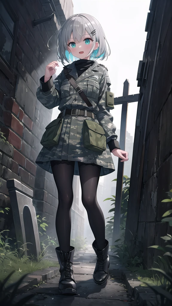 (8K, best quality, master piece: 1.3),super high resolution,1 girl, solo, full body ,ultra-detailed face, silme, (silver gray hair), thin hair clip, cyan colorshift eyes, expressive eyes, Ecstatic expression, Military style, nylon, cotton, camouflage, khaki, boots, belt, Mysterious graveyard, black, gray, green, dark and eerie