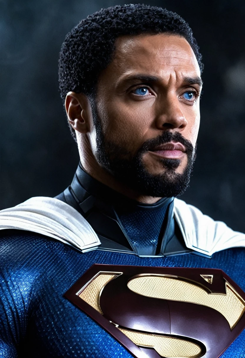 A portrait of DC Comics' Val-Zod AKA Earth-2 Superman whose facial features are a combo of Michael Ealy + Rege-Jean Page + Charles Michael Davis + Trevante Rhodes + Kelvin Harrison, Jr. + Broderick Hunter. Val-Zod has short black hair and blue eyes. Val-Zod is clean-shaven. Val-Zod wears a light-blue Superman suit with a white cape. Symmetrical eyes. Symmetrical face. Great details. Photorealistic. Full-colored photo. Professional photo. Highly detailed 8K.