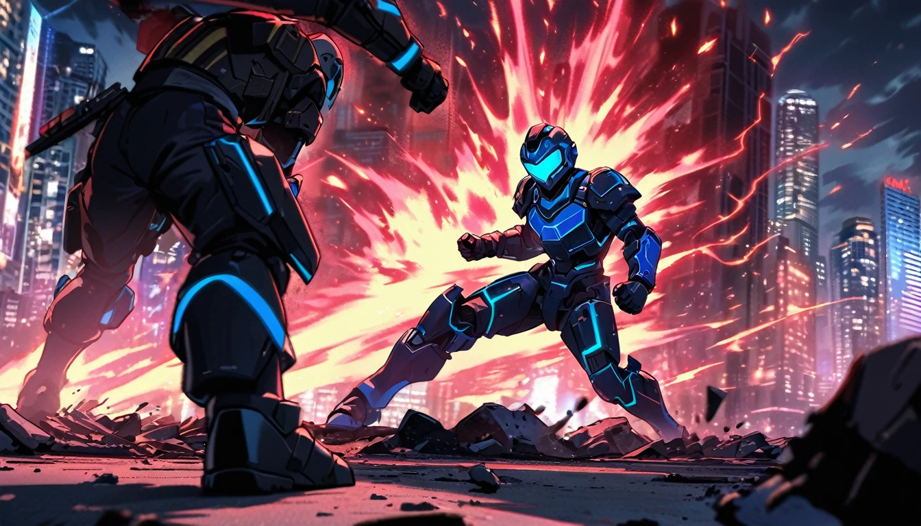 Mech suit, standing, Vancouver, high-quality artwork, metal armour, intense lighting, cityscape background, heroic pose, dramatic shadows, black suit with red neon lights, dynamic motion, hockey helmet with blue visor, video game, blue electric fists, smashing fists into the ground, blue power aura, comic book style