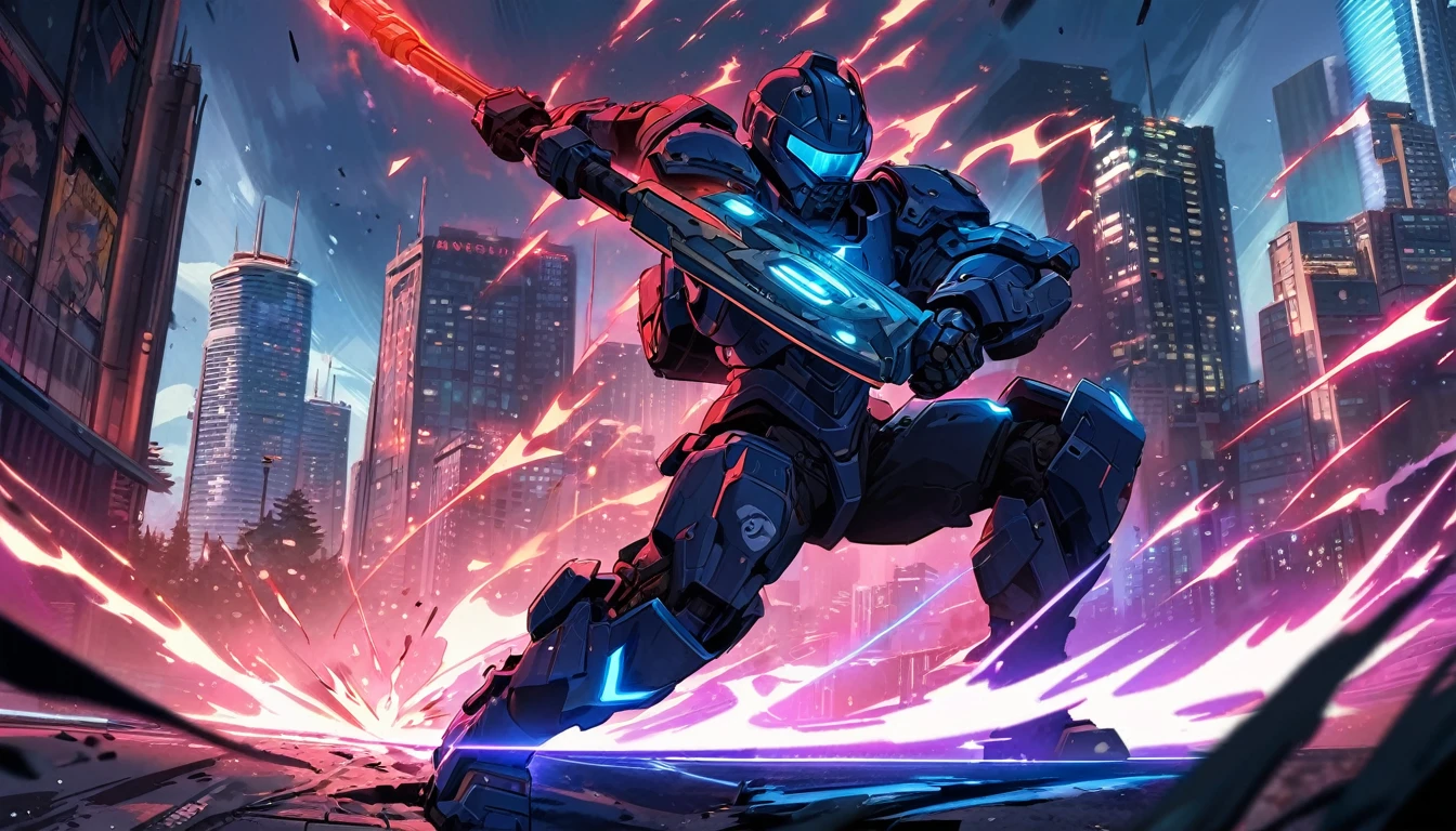 Mech suit, standing, Vancouver, high-quality artwork, metal armour, intense lighting, cityscape background, heroic pose, dramatic shadows, black suit with red neon lights, dynamic motion, hockey helmet with blue visor, video game, blue electric fists, smashing fists into the ground, blue power aura, comic book style