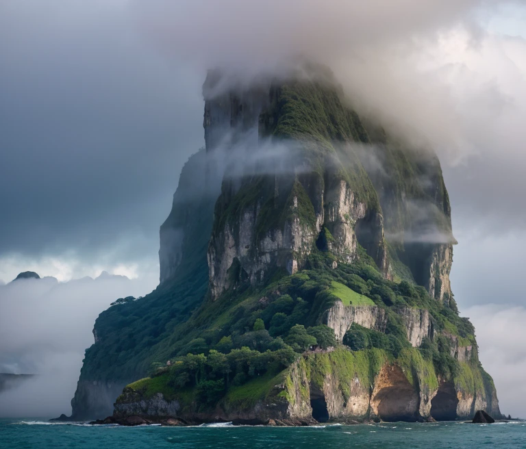 A mysterious island shrouded in fog. The cliffs are high,Lush vegetation