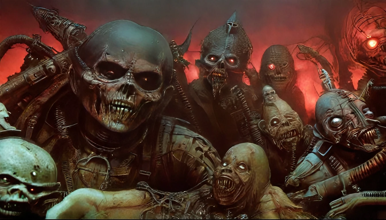 in (medium full shot:3.1) of lot of characters from a movie for slave girls from beyond infinity, inspired by Clyde Caldwell and Greg Rutkowski, futuristic apocalypse, stalenhag, metal album cover, gwar, heavy metal band promo, wayne barlowe pierre pellegrini, (with Creepy, Sci-Fi, Fantasy and Horror:2.9) retro sci fi, Horror movie, very detailed body, moody, epic, ((Cinematic film)), ((Ultra Detailed)), Complex, ((Sharp Focus)), Object Texture, Studio Photo, Complex Details, ((Highly Detailed)), Photo Real Style, ((Hyper-realistic)), High Dynamic Range, ((Realistic Textures)), 8K UHD, Nikon D 850, Kodak Portra 400, Fujifilm XT, rich colors, (3D rendering:3.1)
