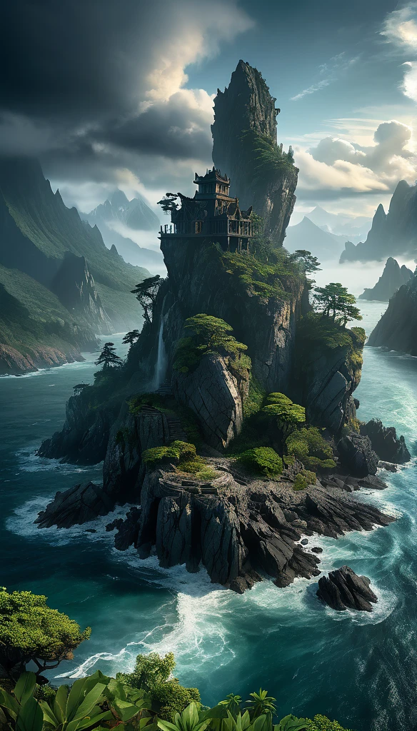 a mysterious and inaccessible dark fantasy island, rocky and rugged coastline, tall mountains with peaks hidden in the clouds, dragon island, ominous atmosphere, dramatic lighting, moody and dramatic colors, (best quality,4k,8k,highres,masterpiece:1.2),ultra-detailed,(realistic,photorealistic,photo-realistic:1.37),dramatic lighting,moody colors,dark fantasy,horror,fantasy,dramatic clouds,rocky mountains,fog,mist,dramatic coastline,jagged rocks,dragon,mystical island,dense forests,overgrown vegetation,abandoned structures,ruins,crumbling architecture