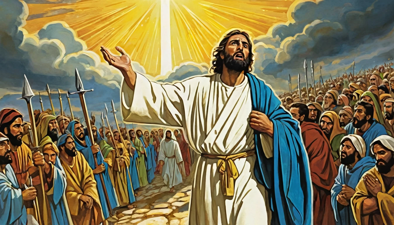 Central Image:
Paul in two moments:Pursuer: Severe expression, dark clothes, frown, holding stones/swords (symbolizing persecution).
Apostle: Serene face, white/clear robes, hands in prayer position, divine light around (symbolizing faith). Close up in Paul:
Tears in the eyes (optional), representing repentance and conversion. Stylized illustration: conveying timelessness of history. Additional Elements: Rays of light (divine revelation). Scenes: Paul stoning Stephen (persecution).
Paul falling from the horse on the road to Damascus (conversion).
Paul preaching to multitudes (apostolate). Color Combinations:
Vibrant colors: Yellow, orange and blue to capture attention and convey Paul's epic journey. Objective:
Attractive and impactful Thumbnail that captures the attention of the public and arouses curiosity about the story of Paul.