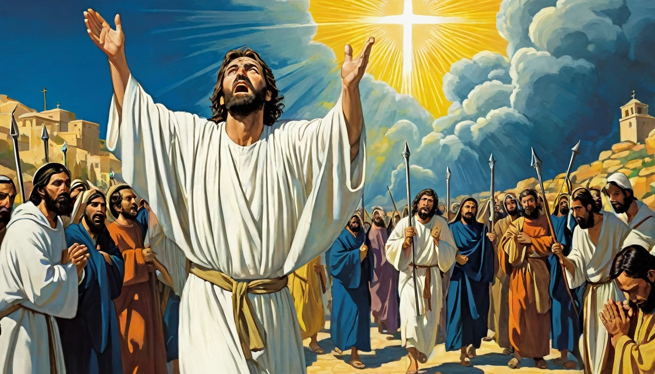 Central Image:
Paul in two moments:Pursuer: Severe expression, dark clothes, frown, holding stones/swords (symbolizing persecution).
Apostle: Serene face, white/clear robes, hands in prayer position, divine light around (symbolizing faith). Close up in Paul:
Tears in the eyes (optional), representing repentance and conversion. Stylized illustration: conveying timelessness of history. Additional Elements: Rays of light (divine revelation). Scenes: Paul stoning Stephen (persecution).
Paul falling from the horse on the road to Damascus (conversion).
Paul preaching to multitudes (apostolate). Color Combinations:
Vibrant colors: Yellow, orange and blue to capture attention and convey Paul's epic journey. Objective:
Attractive and impactful Thumbnail that captures the attention of the public and arouses curiosity about the story of Paul.
