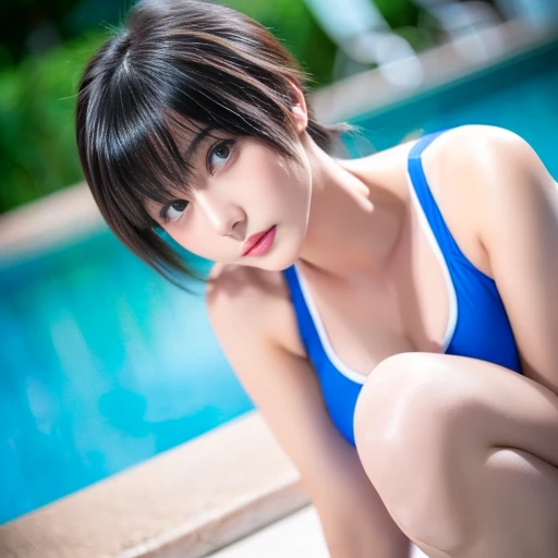 25-year-old woman,Perfectly crafted eyes,Smooth and shiny hair、3D image、Delicate skin,The bust is very large、Full body image、Poolside background、High resolution、high resolution、School Swimsuit、Inserting penis into vagina in missionary position、high resolution写真