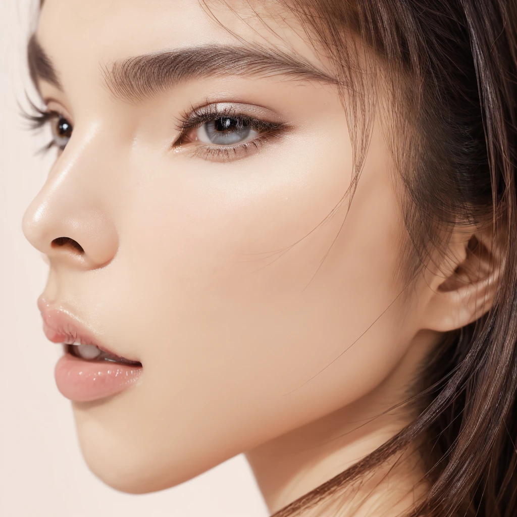 Professional studio portrait of a lash salon model, left side profile (90 degrees), striking eyebrows and eyelashes, white background, high-key lighting, beauty photography, detailed facial features, sharp focus