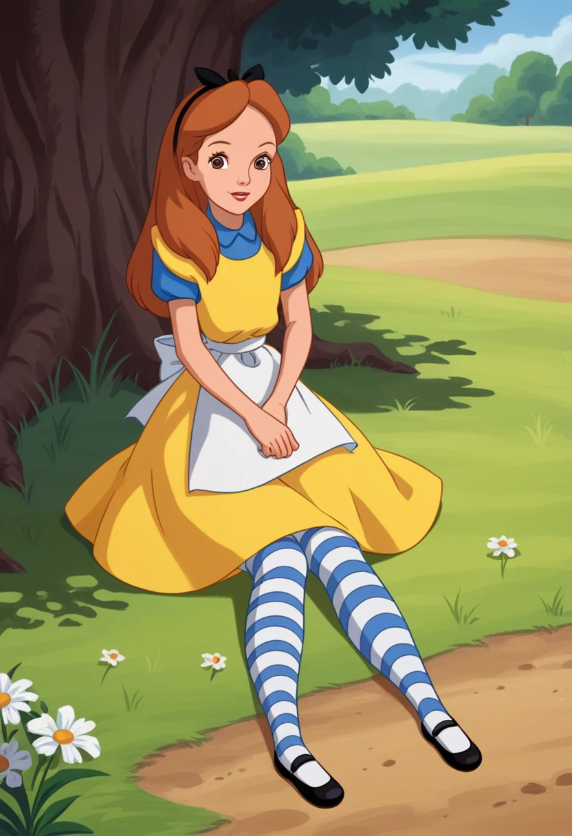 score_8_up, BREAK, Alice, 1girl, solo, brown hair, long hair, brown eyes, headband, ribbon bow, yellow dress, short sleeves, white apron, striped pantyhose, black Mary janes, looking at viewer, outdoors, full body, sitting on ground,