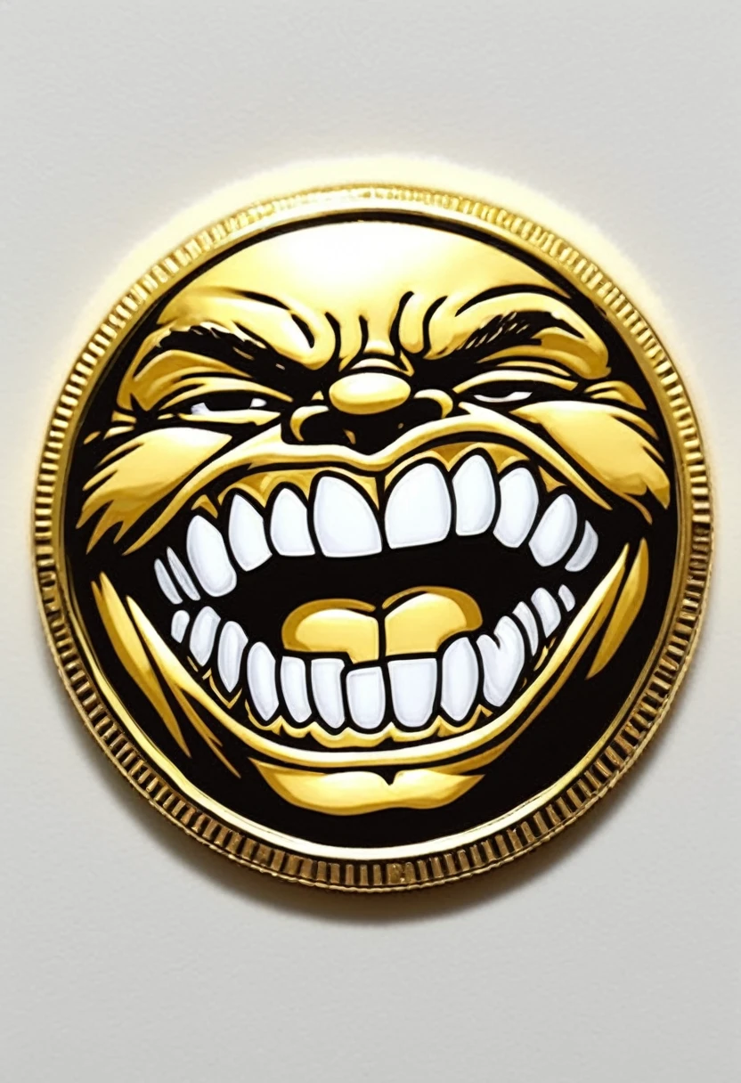 low quality、Pop Art、(One coin)、Mouth only、Teeth are visible、gold、Logo、central、big、Background is white