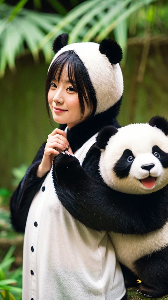 best quality, masterpiece, highres, (1girl:1.4),Beautiful face,chinese clothes,white Taoist robes,bamboo forest, (panda:1.3),