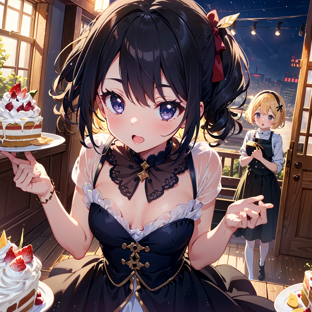 Masterpiece, top quality, high resolution background, bright and beautiful atmosphere, 3 girls (2 years old, 1 short-tempered round face), 1  (hair, surface effect), small breasts, big whole cake, fashionably dressed girl , girls dancing happily around her, a girl eating snacks and putting fresh cream on her cheeks, "deltamon_sdXL :0.73) >Deltamon"