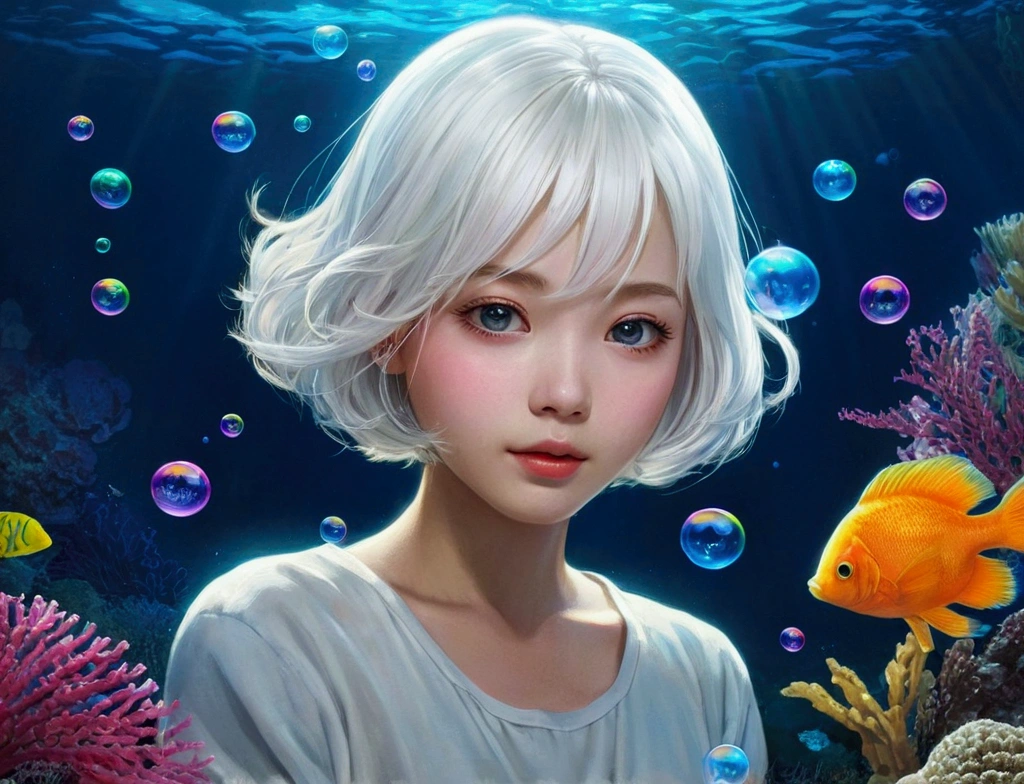 seabedの幼生銀毛貝の家,Girl with short white hair,Colorful bubbles,plant,Glowing Fish,Sparkling,blue,seabed,
