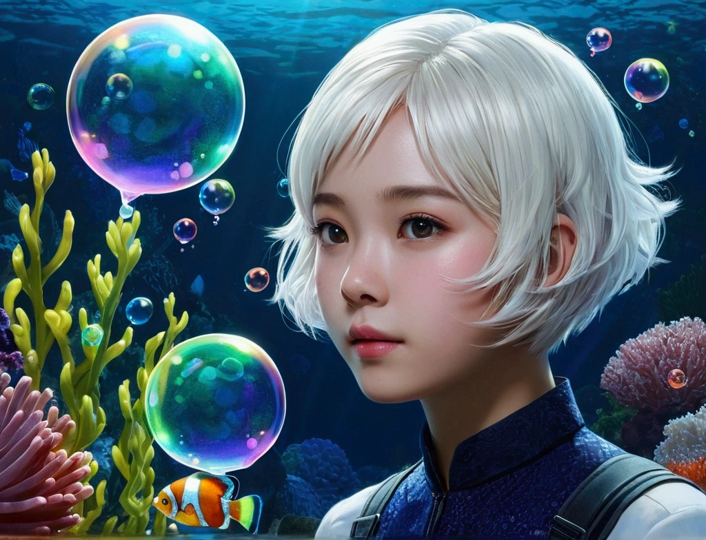 seabedの幼生銀毛貝の家，Girl with short white hair，Colorful bubbles，plant，Glowing Fish，Sparkling，blue，seabed，