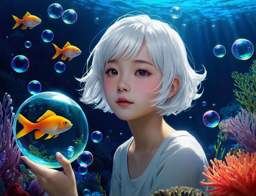 seabedの幼生銀毛貝の家,Girl with short white hair,Colorful bubbles,plant,Glowing Fish,Sparkling,blue,seabed,
