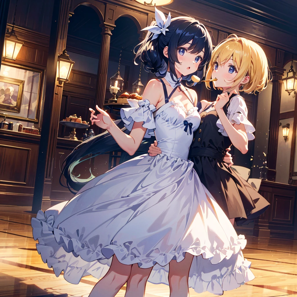 Masterpiece, top quality, high resolution background, bright and beautiful atmosphere, 3 girls (2 years old, 1 short-tempered round face), 1  (hair, surface effect), small breasts, big whole cake, fashionably dressed girl , girls dancing happily around her, a girl eating snacks and putting fresh cream on her cheeks, "deltamon_sdXL :0.73) >Deltamon"