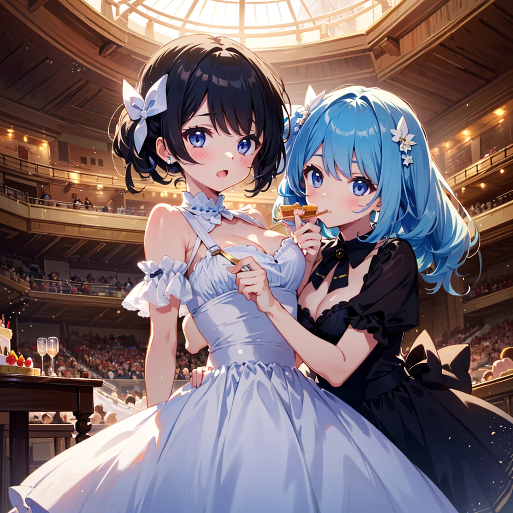 Masterpiece, top quality, high resolution background, bright and beautiful atmosphere, 3 girls (2 years old, 1 short-tempered round face), 1 (hair, surface effect), small breasts, big whole cake, fashionably dressed girl , girls dancing happily around her, a girl eating snacks and putting fresh cream on her cheeks, "deltamon_sdXL :0.73) >Deltamon"