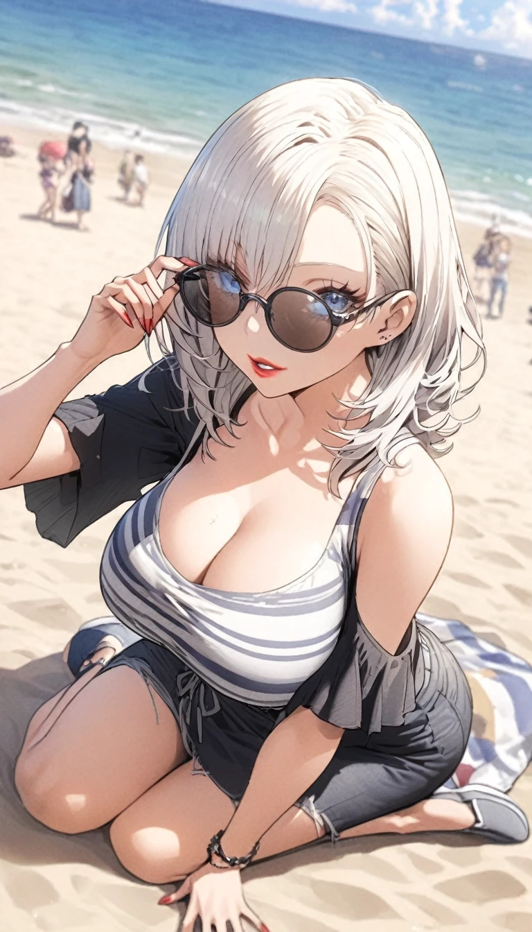 Anime woman with silver hair and blue eyes, relaxed look, red lips, casual clothes and sunglasses, look over the glasses, large breasts, full body on the beach