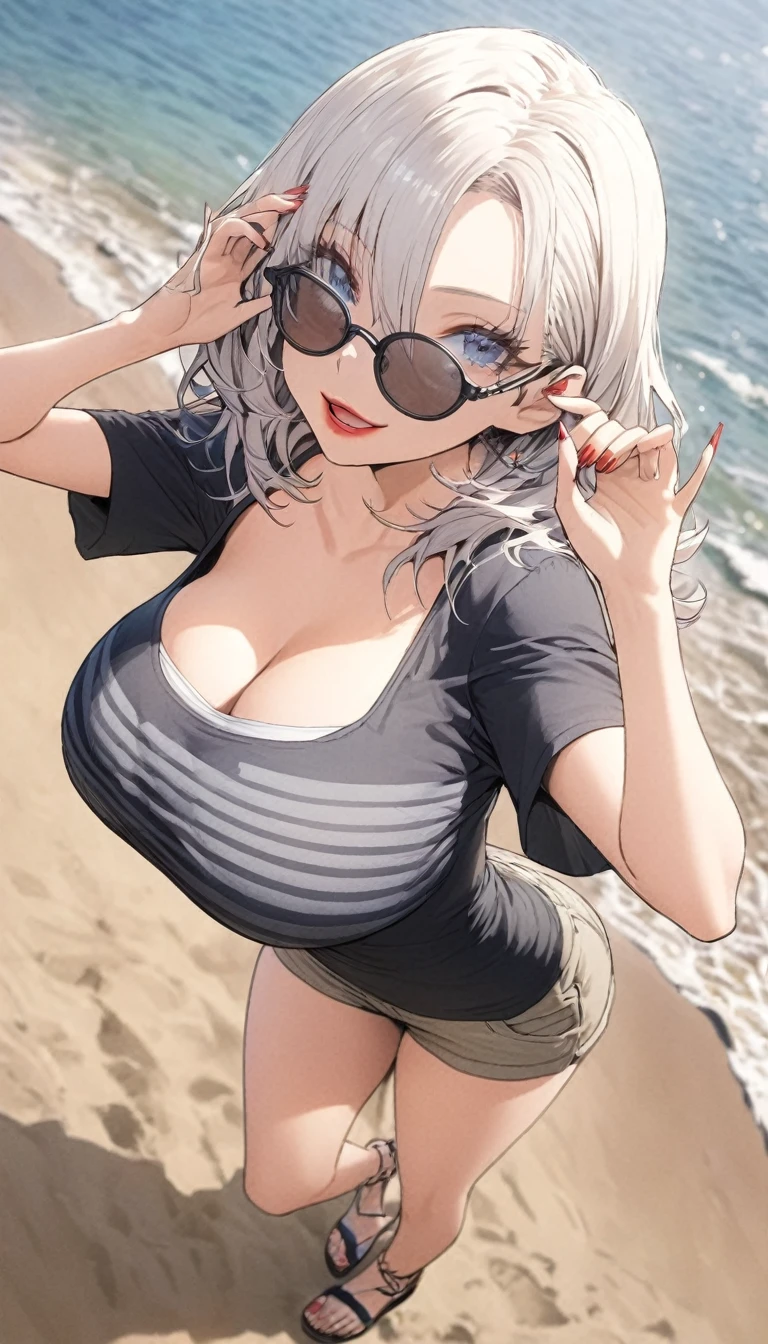 K, high quality, Hyper realistic super detailed sexy, 2b, short hair,puffy sleeves, long sleeves, (detailed lighting, extremely detailed skin, extremely detailed hair, shadows, 8k), white hair, looking at viewer, (High Key Lighting); (Grinning smile) ,(((blush))))), (beautiful detailed face:1.0), (detailed deep eyes), ,(Sweat),,symmetrical breasts,  thick thighs, glossy, shiny breasts, sagging breast, naked breast ,thick thighs, wide hips ,,deep eyes, steam, shiny skin,, beach background,sand, sea, parted lips, choker, makeup, ( bikini:1.5),  cleavage, exposed stomach, toned abs, toned arms, slim, thin figure, long legs