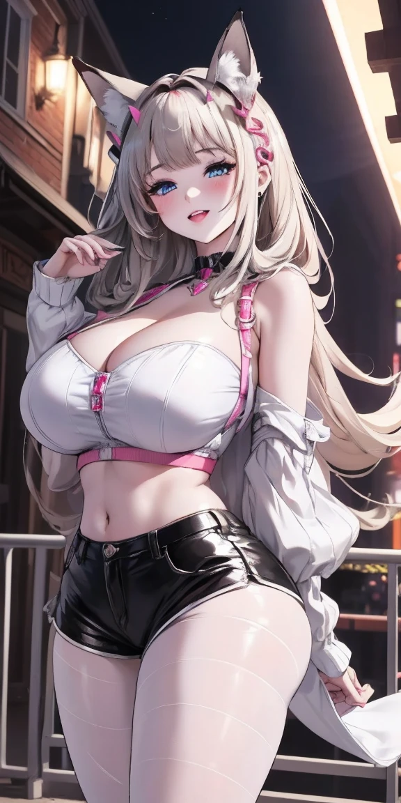 beautiful, breathtaking mature fox-woman, large, sagging breasts, light black hair with white streaks, earrings, (short shorts, superiority, naughty, thick thighs, with a sexy neckline: 1.1), (micro shorts: 1.1), ((masterpiece, best quality; 1.3)), ultra detailed, 8k unity wallpapers, CG, ray tracing, illustration, colorful, cinematic shadow, extremely detailed and beautiful background, vhd, VRay Shading, RT)), (slutty face: 1.2), mischievous smile, (large saggy breasts), wide hips, big ass, flirting with the viewer, facing the viewer, facial blush, standing in front, cute sexy pose, cowboy shot, on home porch, night, bright, bright light, ultra detailed, scenic, atmospheric, bimbo, big lips, detailed face and eyes, tilt headshot, intimacy, medium shot, thigh height, from below, gyaru, hair clip, ((wearring white sheer pantyhose))