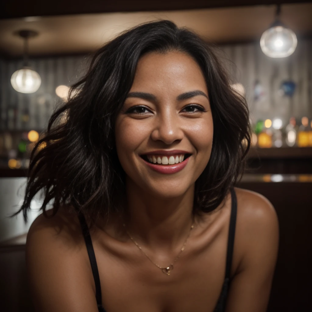 (A low angle shot) A 55-year-old Ebony woman with a warm, friendly facial expression that radiates charisma. Her long hair, which falls to the height of her chest, is gently waved, framing her face with a natural shine. Her eyes shine with vitality and have a sparkle of curiosity, while her infectious smile lights up the image, reflecting her innate charm. Her style is modern and relaxed, displaying a combination of elegance and confidence that attracts the attention of those around her, (sharing laughter with friends in a cozy bar). iPhone 14 pro max triple front camera, capturing camaraderie and joy, raw. [The character is surrounded by mist, evoking a mysterious and eerie atmosphere. The lighting is dark and atmospheric, with smoke adding a touch of sinister ambiance. Best quality image, HDR enhancement, showcasing the utmost level of detail and realism, full body shot:1.5]. [8K, Best Quality, Ultra High Resolution, (highly detailed CG unity 8k wallpaper), (best photo), cry, (best shadows), isometric 3D, octane rendering, ray tracing, highly detailed, (Best quality, 4K, 8k:1.2), absurdity, ultra detailed, (realistic, photorealistic, photorealistic:1.37), complex parts, HDR, (complex parts:1.12), (hyper detailed, hyper realistic, Soft lighting, spicy:1.2), (complex parts, Hyper detailed:1.15). Blurred foreground. (backlit), masterpiece, high quality, brightness, chromatic aberration, foggy smoke, shadows, ontrast, clear sky, (warm hue, warm tone), high details, natural reflections]. (YES SFW)