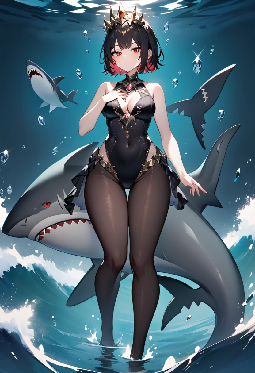 one girl, human girl, red hair, twin buns, bunny girl, leotard, red leotard, fishnet stockings, ripped clothes, fish rape, on all fours, fish shark, giant white shark, giant shark cock, giant shark penis, sex with giant shark, sex with giant white shark, double penetration, intense sex, penis as thick as an arm, dick as thick as an arm, (huge penis: 1.6), inside girl's pussy, girl's stomach bulging with cock, loads of semen, girl's ahegao, show, indoors, nightclub, aquarium, in a giant circular aquarium, (in the center of a giant circular aquarium), (freak show tent), large number of spectators, large number of people, in front of a large number of people, in front of the public, being watched by the public, being put on display for the public