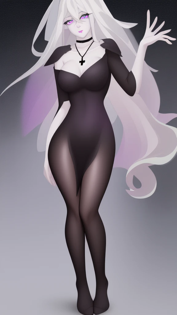 "A 17-year-old girl with a voluptuous body, pale and delicate skin, long straight white hair, bright and expressive purple eyes, pink and voluptuous lips. She wears a tight black dress that marks her waist and highlights her bust, with a V-shaped neckline that highlights her large breasts. The dress has a short black skirt that hugs her hips and shows off her smooth, shapely thighs.. She is wearing a pair of black stockings that fit her legs and highlight her figure.. On her feet she wears a pair of high-heeled black boots that give her an air of mystery and sensuality.. On her neck she wears a black necklace with a small crucifix that highlights her pale skin.. Her white hair falls loose down her back and moves gracefully when she moves.. His purple eyes shine with intensity and his gaze is hypnotic.. Sus pink and voluptuous lips son perfectos para besar y su sonrisa es radiante. She wears a kitsune mask on one side of her face which gives her an air of mystery and magic.. Her figure is curved and sensual, with a large bust and wide hips. She is a true beauty and her presence is impressive."