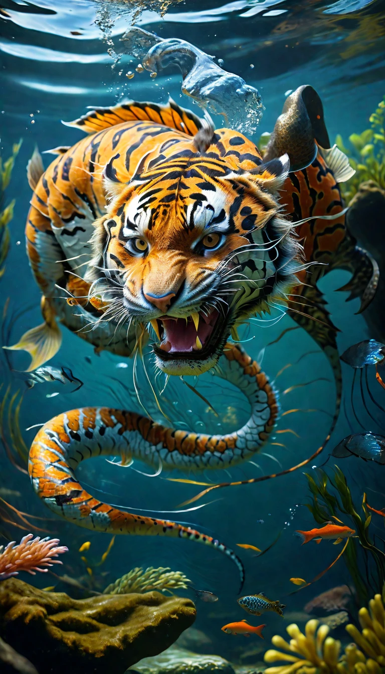 There is a creature in the water，Tiger's head，Fish body，Snake tail(best quality，4K，8k，High level，masterpiece：1.2），Ultra Detailed，（lifelike，Photo real，Photo real：1.37），Highly detailed animals，Complex patterns，Realistic lighting，Fantasy Creatures