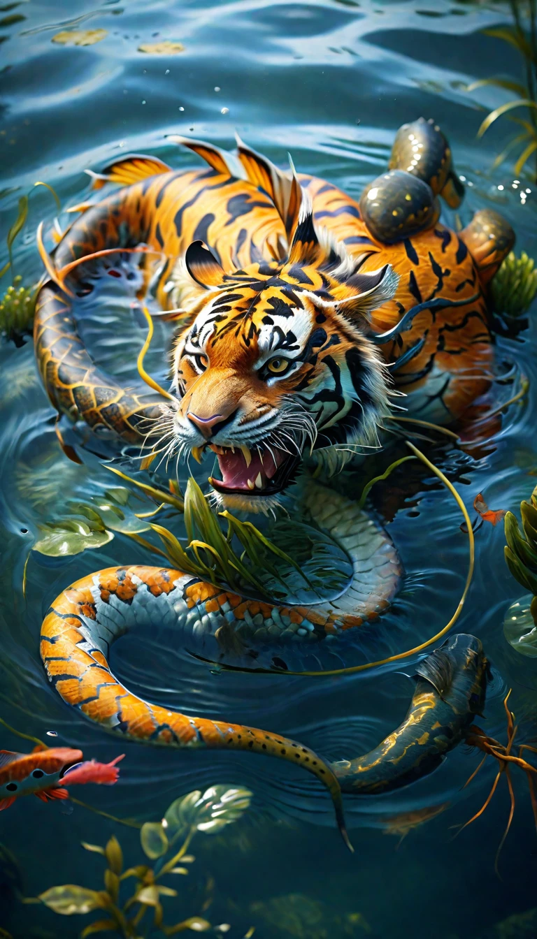 There is a creature in the water，Tiger's head，Fish body，Snake tail(best quality，4K，8k，High level，masterpiece：1.2），Ultra Detailed，（lifelike，Photo real，Photo real：1.37），Highly detailed animals，Complex patterns，Realistic lighting，Fantasy Creatures