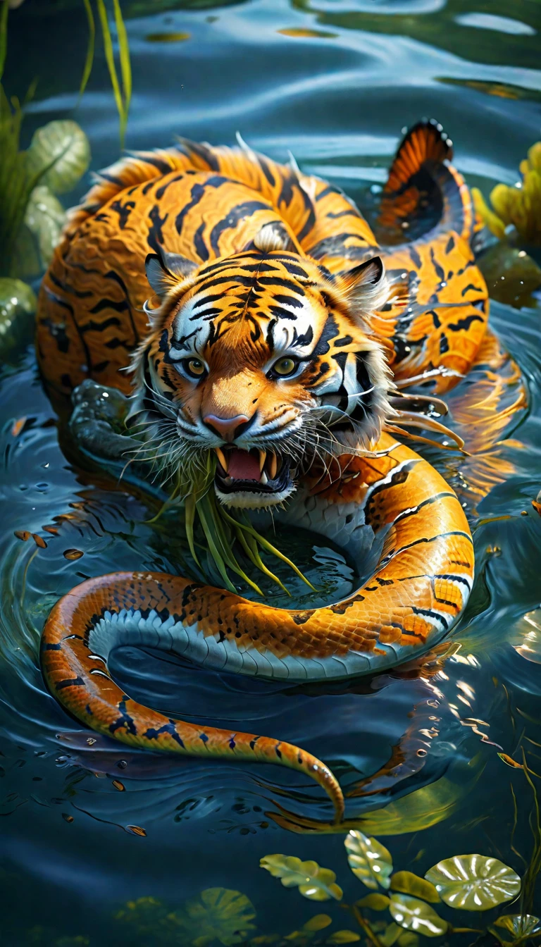 There is a creature in the water，Tiger's head，Fish body，Snake tail(best quality，4K，8k，High level，masterpiece：1.2），Ultra Detailed，（lifelike，Photo real，Photo real：1.37），Highly detailed animals，Complex patterns，Realistic lighting，Fantasy Creatures