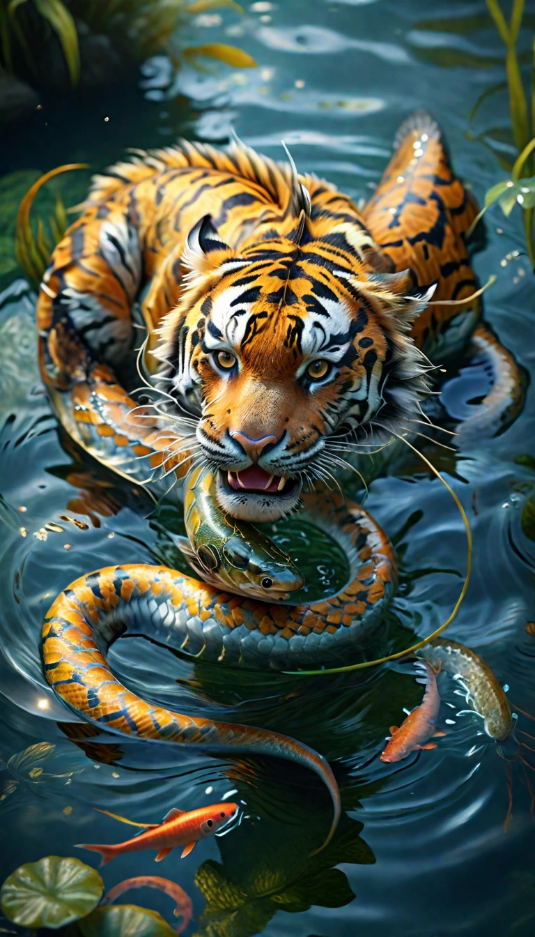 There is a creature in the water，Tiger's head，Fish body，Snake tail(best quality，4K，8k，High level，masterpiece：1.2），Ultra Detailed，（lifelike，Photo real，Photo real：1.37），Highly detailed animals，Complex patterns，Realistic lighting，Fantasy Creatures