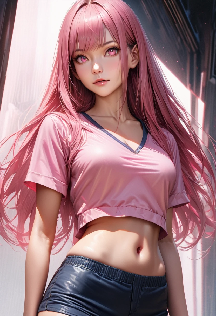 A young woman, pink hair, chest-length hair, straight hair, bangs, pink eyes and Lit up, medium height body, pink shirt (crop top, short sleeves, u-neck), expose navel, pink small gloves, dark blue hipster bottoms, pink small boots, UHD, ultra detailed, ultra realistic, best quality