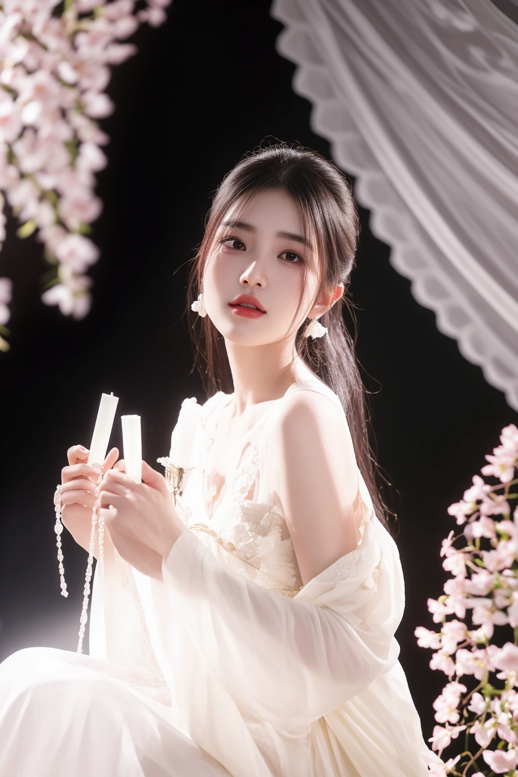 araffe woman in a white dress holding a glass of wine, white hanfu, palace ， a girl in hanfu, inspired by Huang Ji, ethereal beauty, a stunning young ethereal figure, gongbi, sha xi, bae suzy, inspired by Tang Yifen, heonhwa choe, hwang se - on, xintong chen, official artwork