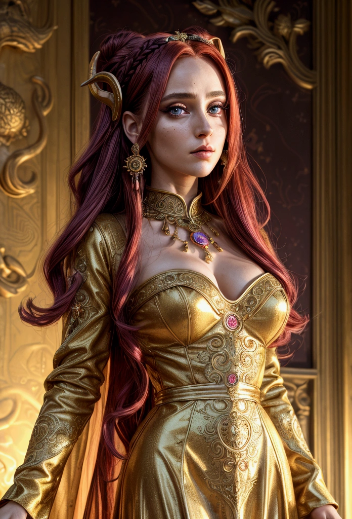 (absurdres, highres, ultra detailed), 1girl, zodiac sign - Aries goddess , solo, mature, Baroque, long dress, long sleeve, elegant, colorful, highest detailed, upper body , sunset hair . Fire eyes . Brave, willful, productive, enterprising humanitarian face .