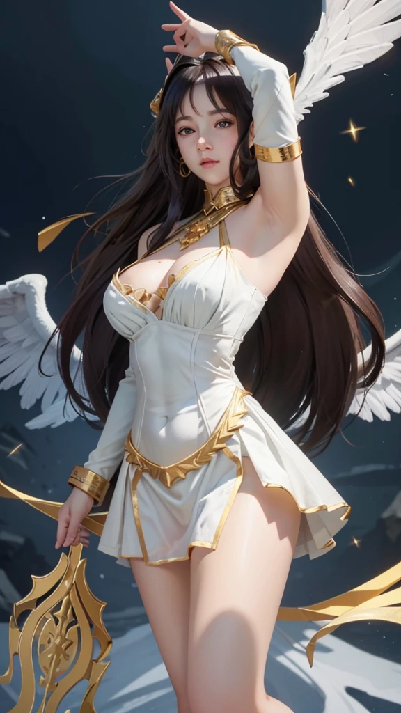 Masterpiece, Best quality, Ultra-detailed, illustration, epic lighting, Cinematic composition, isometry,(hexagons:1.2), 1girll, Horns, nude, Solo, Yellow eyes, Black hair, Long hair, (Low wing:1.2), Large cleavage, Bare shoulders, hair between eye, Medium breasts, (White dress:1.1), Golden decoration, Detached collar, view the viewer, Semi-closed Eyes, arm up, sweet armpits. (view the viewer:1.1), parted lip, Blush, Black feathers fall, Arena, particle fx, (8K:1.1), Albedo (Overlord), nacked, vegina, Big , without clothes 