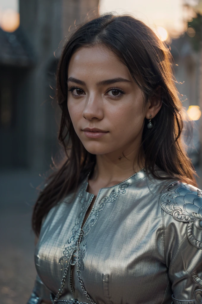 (masterpiece), (extremely intricate:1.3), (realistic), portrait of a girl, the most beautiful in the world, (medieval armor), metal reflections, upper body, outdoors, intense sunlight, far away castle, professional photograph of a stunning woman detailed, sharp focus, dramatic, award winning, cinematic lighting, octane render unreal engine, volumetrics dtx, (film grain, blurry background, blurry foreground, bokeh, depth of field, sunset, motion blur:1.3), chainmail