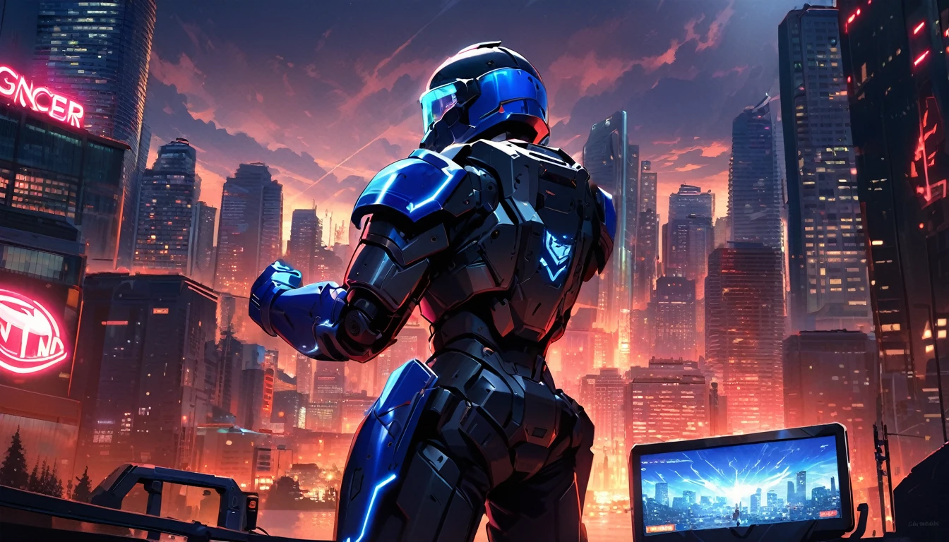 Mech suit, standing, viewing the city,, Vancouver, high-quality artwork, metal armour, intense lighting, cityscape background, heroic pose, dramatic shadows, black suit with red neon lights, hockey helmet with blue visor, video game, blue electric fists, comic book style, view from behind