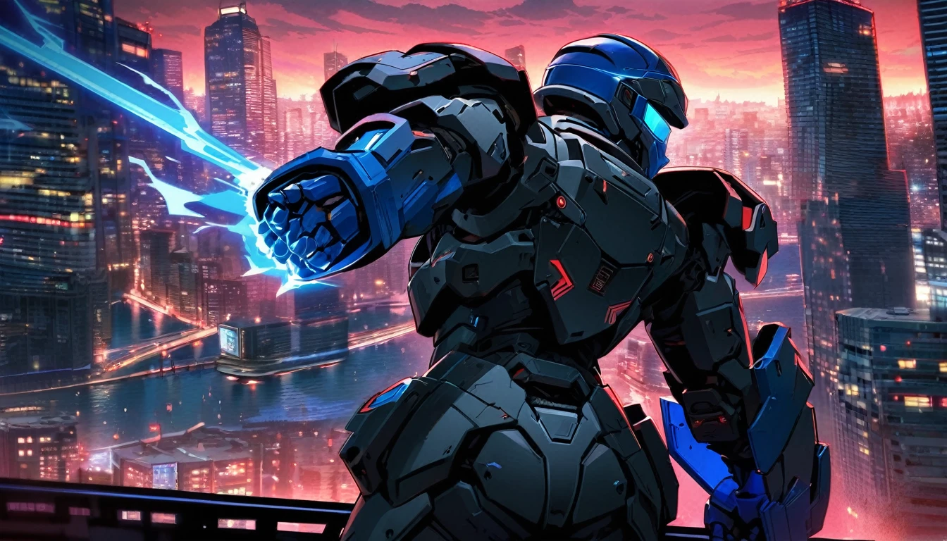 Mech suit, standing, viewing the city,, Vancouver, high-quality artwork, metal armour, intense lighting, cityscape background, heroic pose, dramatic shadows, black suit with red neon lights, hockey helmet with blue visor, video game, blue electric fists, comic book style, view from behind